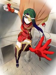 Rule 34 | 13-gou, 1girl, breasts, cape, closed mouth, dress, eyepatch, gloves, green hair, kanon (wild arms 2), long hair, looking at viewer, prosthesis, purple eyes, scarf, skirt, solo, thighhighs, wild arms, wild arms 2