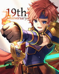 Rule 34 | 1boy, armor, blue eyes, cape, fire, fire emblem, fire emblem: the binding blade, gloves, headband, highres, looking at viewer, male focus, nakabayashi zun, nintendo, open mouth, red hair, roy (fire emblem), short hair, simple background, smile, sword, weapon