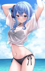 Rule 34 | 1girl, arms up, bikini, bikini under clothes, black bikini, blue eyes, blue hair, blue sky, breasts, cloud, cowboy shot, day, highres, hololive, hoshimachi suisei, looking at viewer, nakaji (user snap3353), navel, ocean, outdoors, parted lips, shirt, side-tie bikini bottom, side ponytail, sidelocks, sky, small breasts, solo, stomach, swimsuit, tied shirt, virtual youtuber, wavy hair, wet, white shirt