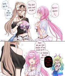 Rule 34 | 2koma, 3girls, ?, absurdres, anger vein, aponia (honkai impact), bead bracelet, beads, black shirt, blue eyes, bracelet, breasts, brown hair, comic, cup, elysia (honkai impact), elysia (miss pink elf) (honkai impact), english text, flower, green hair, hair between eyes, hair flower, hair ornament, hairband, highres, holding, holding cup, honkai (series), honkai impact 3rd, horns, jewelry, komitaki, large breasts, long hair, looking at another, mobius (daughter of corals) (honkai impact), mobius (honkai impact), multiple girls, navel, open mouth, pink hair, pointy ears, ponytail, see-through, see-through shirt, shirt, short sleeves, simple background, sitting, skirt, speech bubble, spoken question mark, t-shirt, tied shirt, white background, white hairband