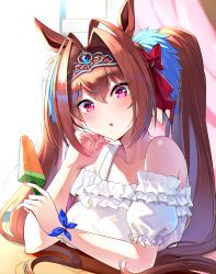 Rule 34 | 1girl, :o, animal ears, bare shoulders, bead bracelet, beads, blush, bow, bracelet, brown hair, commentary request, curtains, daiwa scarlet (umamusume), emerane, food, hair between eyes, hair bow, hair intakes, hair ornament, hand on own cheek, hand on own face, holding, holding food, horse ears, horse girl, indoors, jewelry, long hair, looking at viewer, nail polish, orange nails, pink eyes, popsicle, puffy short sleeves, puffy sleeves, red bow, shirt, short sleeves, solo, table, tiara, twintails, umamusume, upper body, very long hair, white shirt