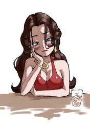 Rule 34 | 1girl, bar (place), bare shoulders, blue eyes, blush, breasts, brown hair, cleavage, cup, dangle earrings, donkey kong (1981 game), donkey kong (series), dress, drink, drinking glass, earrings, eyelashes, gold bracelet, gold earrings, hair between eyes, halter dress, halterneck, hand on own face, highres, ice, ice cube, jewelry, large breasts, lipstick, long hair, looking at viewer, makeup, mario (series), narrowed eyes, nintendo, pauline (mario), red dress, red lips, seductive smile, sitting, smile, solo, toggy keiichi, white background