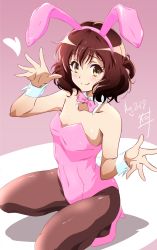 Rule 34 | 1girl, animal ears, artist logo, black footwear, black pantyhose, bow, bowtie, breasts, brown eyes, brown hair, dated, detached collar, fake animal ears, full body, hibike! euphonium, high heels, highres, leotard, looking at viewer, nii manabu, oumae kumiko, pantyhose, pink bow, pink bowtie, pink footwear, pink leotard, playboy bunny, purple background, rabbit ears, rabbit tail, short hair, simple background, small breasts, smile, solo, squatting, strapless, strapless leotard, tail, wrist cuffs