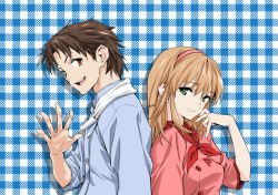 Rule 34 | 1boy, 1girl, azuma kazuma, azusagawa tsukino, back-to-back, brown hair, commentary request, green eyes, hand on own face, hassystants, headband, long hair, looking at viewer, plaid, plaid background, shadow, short hair, simple background, smile, uniform, yakitate!! japan