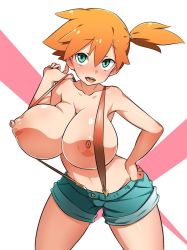 Rule 34 | 1girl, alternate breast size, bar censor, bare shoulders, blue eyes, blush, breasts, censored, collarbone, covered erect nipples, creatures (company), female focus, furau, game freak, hair tie, hand on own hip, hand up, huge breasts, legs apart, looking up, misty (pokemon), navel, nintendo, nipples, open mouth, orange hair, pokemon, pokemon (anime), ponytail, pussy, short hair, short sidetail, shorts, side ponytail, simple background, smile, solo, standing, suspenders, teeth, tongue, white background