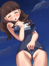 Rule 34 | 1girl, awa, brown hair, clothes pull, frontal wedgie, mitsudomoe, one-piece swimsuit pull, sugisaki marina, swimsuit, wedgie