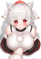 Rule 34 | 1girl, 1other, absurdres, animal ears, arm between breasts, bare shoulders, between breasts, black skirt, blush, breasts, commentary request, detached sleeves, full body, hat, heart, heart-shaped pupils, highres, inubashiri momiji, large breasts, long skirt, looking at viewer, open mouth, pom pom (clothes), pov, pov hands, red eyes, red skirt, shirt, short hair, skirt, sleeveless, sleeveless shirt, solo focus, standing, symbol-shaped pupils, take (take143000), tokin hat, touhou, twitter username, white hair, white shirt, wolf ears, wolf girl