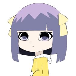 Rule 34 | 1girl, artist request, bad source, blunt bangs, bob cut, bow, chinese commentary, closed mouth, copyright request, expressionless, hair bow, hood, hood down, long hair, non-web source, purple eyes, purple hair, short hair, simple background, solo, sweater, white background, white hood, yellow bow, yellow sweater