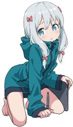 Rule 34 | 10s, 1girl, :o, absurdres, aqua jacket, bare legs, barefoot, blue eyes, bow, commentary request, drawing tablet, eromanga sensei, full body, hair bow, highres, holding, hood, hood down, hooded track jacket, izumi sagiri, jacket, kneeling, legs apart, looking at viewer, no pants, parted lips, red bow, short hair with long locks, silver hair, simple background, solo, stylus, tareme, track jacket, white background, yamamoto souichirou, zipper