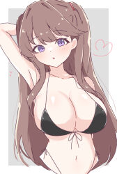 1girl :o alternate_costume arm_behind_back arm_up armpits bikini black_bikini blush border breasts brown_hair commentary_request cropped_torso front-tie_bikini_top front-tie_top fujishima_megumi grey_background heart highleg highleg_bikini highres large_breasts link!_like!_love_live! long_hair looking_at_viewer love_live! navel outside_border parted_lips purple_eyes rokoroko_65 side-tie_bikini_bottom simple_background solo stomach string_bikini swimsuit two_side_up virtual_youtuber white_border