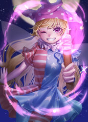 Rule 34 | 1girl, absurdres, american flag dress, american flag pants, american flag print, blonde hair, blue sky, breasts, clownpiece, dress, fairy, fairy wings, fang, fangs, fingernails, fire, hair between eyes, hand up, hasukappu, hat, highres, holding, holding torch, jester cap, long hair, looking at viewer, medium breasts, moon, neck ruff, night, night sky, one eye closed, outdoors, pants, pink fire, polka dot, polka dot headwear, print pants, purple eyes, purple hat, short sleeves, sky, smile, solo, standing, star (sky), star (symbol), star print, starry sky, striped clothes, striped dress, striped pants, teeth, torch, touhou, wings