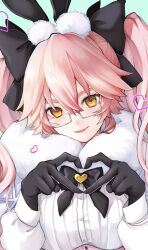 1girl absurdres animal_ear_fluff animal_ears black_bow black_gloves blush bow breasts cloak collared_shirt corset dress_shirt fate/grand_order fate_(series) fur-trimmed_cloak fur_trim glasses gloves hair_between_eyes hair_bow heart heart_hands highres koyanskaya_(assassin)_(second_ascension)_(fate) koyanskaya_(fate) large_breasts long_hair long_sleeves looking_at_viewer open_mouth pepu_3_9 pink_hair rabbit_ears shirt sidelocks smile solo tamamo_(fate) twintails underbust white_cloak white_shirt yellow_eyes