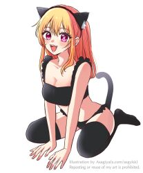 1girl animal_ears asgykk black_bra black_hairband black_panties black_tail black_thighhighs blonde_hair blush bra breasts cat_tail fake_animal_ears fake_tail hair_between_eyes hairband highres hoshino_ruby lingerie long_hair looking_at_viewer medium_breasts open_mouth oshi_no_ko panties pink_eyes smile solo star-shaped_pupils star_(symbol) symbol-shaped_pupils tail thighhighs underwear white_background