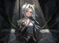Rule 34 | 1girl, animal ear fluff, animal ears, arknights, black jacket, blood, blood on clothes, blood on hands, bow, bowtie, brooch, cat ears, commentary, dark background, extra ears, flower, formal, green eyes, green hair, hand up, jacket, jewelry, kal&#039;tsit (arknights), light rays, looking at viewer, official alternate costume, rose, shirt, short hair, sidelocks, solo, spacelongcat, upper body, white bow, white bowtie, white flower, white rose, white shirt