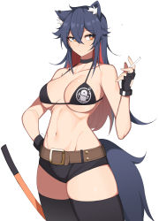 Rule 34 | 1girl, absurdres, alternate costume, animal ear fluff, animal ears, arknights, bare arms, bare shoulders, belt, belt buckle, bikini, black bikini, black choker, black gloves, black hair, black shorts, black thighhighs, breasts, bright pupils, buckle, choker, cigarette, cleavage, closed mouth, collarbone, colored inner hair, cowboy shot, fingerless gloves, gloves, hair between eyes, hand on own hip, hanenosaki, highres, holding, holding cigarette, large breasts, long hair, looking at viewer, multicolored hair, navel, panties, penguin logistics logo, planted, planted sword, planted weapon, print panties, red hair, revision, short shorts, shorts, swimsuit, sword, texas (arknights), thighhighs, underwear, weapon