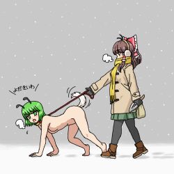 Rule 34 | 2girls, all fours, antenna hair, antennae, black pantyhose, blush, boots, bow, breasts, breath, brown coat, brown eyes, brown footwear, brown hair, coat, commentary request, completely nude, cookie (touhou), dog tail, earmuffs, frilled bow, frilled hair tubes, frills, full body, green eyes, green hair, green skirt, hair bow, hair tubes, hakurei reimu, holding, holding leash, kasuga (kasuga39), leash, long hair, looking at another, medium bangs, multiple girls, navel, no nipples, nude, open mouth, pantyhose, pet play, pleated skirt, red bow, rurima (cookie), scarf, sepia (cookie), short hair, sidelocks, skirt, small breasts, snow, snowing, tail, touhou, translation request, trowel, walking, wriggle nightbug, yellow scarf
