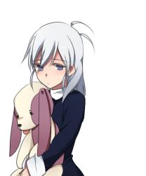 Rule 34 | 00s, 1girl, 6 (yuchae), aged down, looking at viewer, melty blood, purple eyes, riesbyfe stridberg, simple background, solo, stuffed animal, stuffed toy, tsukihime, white background, white hair
