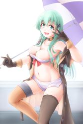 Rule 34 | 1girl, aqua hair, asymmetrical legwear, bandeau, black gloves, breasts, brown thighhighs, cleavage, commentary request, cowboy shot, gloves, green eyes, hair ornament, hairclip, highres, kantai collection, large breasts, long hair, looking at viewer, meihemu, midriff, mismatched legwear, navel, open mouth, race queen, round teeth, short shorts, shorts, solo, suzuya (kancolle), teeth, thighhighs, umbrella, upper teeth only, white bandeau, white shorts, yellow thighhighs