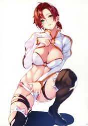 Rule 34 | 1girl, absurdres, ahoge, asymmetrical bangs, bikini, blush, boots, boudica (fate), breasts, breasts squeezed together, brown footwear, cleavage, clothed masturbation, commentary, detached collar, fate/grand order, fate (series), feet, female masturbation, fingering, foreshortening, full body, green eyes, head tilt, highres, juliet sleeves, kneeling, large breasts, legs, long sleeves, looking at viewer, low ponytail, masturbation, nanao (mahaya), naughty face, non-web source, o-ring, o-ring bikini, on one knee, parted lips, puffy sleeves, red hair, shadow, short hair, shrug (clothing), simple background, skindentation, solo, stomach, swimsuit, tareme, thigh boots, thigh strap, thighhighs, thighs, thong, white background, white bikini