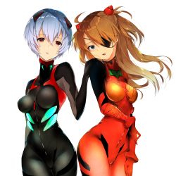Rule 34 | 2girls, absurdres, arm behind back, ayanami rei, blue eyes, bodysuit, breasts, brown hair, colored eyelashes, cowboy shot, evangelion: 3.0 you can (not) redo, eyepatch, from side, hair between eyes, hair ornament, hand on shoulder, head tilt, hekiki riyo, highres, interface headset, long hair, looking at viewer, multiple girls, narrow waist, neon genesis evangelion, open mouth, parted bangs, pilot suit, plugsuit, rebuild of evangelion, red eyes, short hair, skin tight, small breasts, souryuu asuka langley, standing, transparent background, two side up