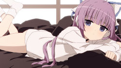 Rule 34 | 1girl, ass, azur lane, bad id, bad pixiv id, bed sheet, blue eyes, blush, bow, closed mouth, commentary request, hair bow, long hair, long sleeves, looking at viewer, lying, on stomach, oueo, panties, purple hair, shirt, sleeves past wrists, socks, solo, tashkent (azur lane), underwear, very long hair, white bow, white panties, white shirt, white socks, window