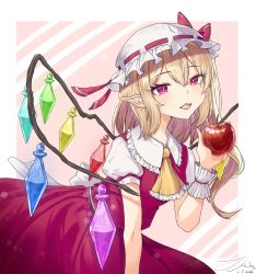 Rule 34 | 1girl, absurdres, apple, ascot, back bow, blonde hair, bow, collared shirt, crystal, dated, fangs, flandre scarlet, food, frilled ascot, frilled shirt collar, frills, fruit, hair between eyes, hat, highres, holding, holding food, holding fruit, leaning forward, medium hair, mob cap, multicolored wings, open mouth, pointy ears, puffy short sleeves, puffy sleeves, red eyes, red ribbon, red skirt, red vest, ribbon, ribbon-trimmed headwear, ribbon trim, shirt, short sleeves, side ponytail, signature, simple background, skirt, skirt set, solo, touhou, vest, white bow, white hat, white shirt, wings, wrist cuffs, yellow ascot, zerotsu 0215