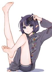 Rule 34 | 1girl, arm between legs, bare legs, barefoot, blue eyes, commentary, controller, extra ears, feet, full body, game controller, highres, holding, hololive, hololive english, jacket, knee up, leg up, legs, long sleeves, mole, mole under eye, ninomae ina&#039;nis, ninomae ina&#039;nis (loungewear), official alternate costume, open mouth, pointy ears, print jacket, purple hair, purple jacket, purple shorts, shadow, short hair, short shorts, shorts, simple background, soles, solo, thighs, toes, virtual youtuber, waneyeye, white background