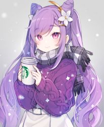 Rule 34 | 1girl, closed mouth, coffee, commentary request, cone hair bun, cup, disposable cup, flower, genshin impact, grey scarf, hair bun, hair flower, hair ornament, highres, holding, holding cup, keqing (genshin impact), keqing (lantern rite) (genshin impact), long hair, long sleeves, looking at viewer, pink eyes, plaid, plaid scarf, puffy long sleeves, puffy sleeves, purple hair, purple sweater, scarf, skirt, sleeves past wrists, smile, solo, sweater, swept bangs, twintails, upper body, very long hair, white flower, white skirt, yennineii