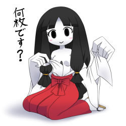 Rule 34 | 1girl, black eyes, black hair, breasts, colored skin, japanese clothes, long hair, monster girl, nollety, open clothes, open shirt, original, paper, personification, shirt, solo, tissue, tissue box, translated, white skin