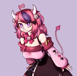 Rule 34 | 1girl, ahoge, bell, breasts, demon girl, demon horns, demon tail, detached sleeves, hair ornament, heart, heart ahoge, heart hair ornament, highres, horns, ironmouse, lacerdaisaweeb, long sleeves, looking at viewer, multicolored hair, nail polish, pink hair, purple background, purple eyes, purple hair, ribbon, self-upload, short hair, short twintails, sweater, tail, tail raised, twintails, virtual youtuber, vshojo