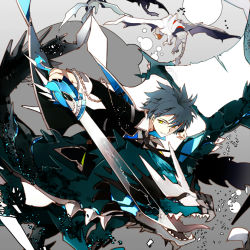 Rule 34 | 1boy, chain, dragon, formal, grey hair, holding, holding sword, holding weapon, male focus, necktie, original, smile, solo, suit, suou (sdurorhr), sword, weapon, wings, yellow eyes