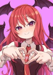 Rule 34 | 1girl, absurdres, bat wings, black vest, blush, breasts, e sdss, fang, fingernails, hands up, head tilt, head wings, heart, heart hands, heart in eye, highres, juliet sleeves, koakuma, long hair, long sleeves, looking at viewer, medium breasts, necktie, pink background, puffy sleeves, purple eyes, red eyes, red hair, red necktie, shirt, simple background, skin fang, smile, solo, symbol in eye, touhou, very long hair, vest, white shirt, wing collar, wings