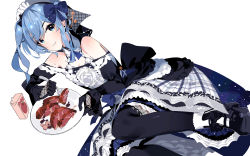 Rule 34 | 1girl, adapted costume, alternate costume, apple, apple juice, back bow, bare shoulders, black gloves, black legwear, blue eyes, blue hair, blue skirt, bow, chewing, commentary, dress, drinking straw, earrings, eating, enmaided, flower, food, fork, fruit, gloves, hair bow, heart (organ), high heels, highres, holding, holding fork, holding plate, hololive, hoshimachi suisei, jewelry, juice, juice box, lace, lace-trimmed legwear, lace gloves, lace trim, looking at viewer, lying, maid, maid headdress, mania (fd6060 60), mary janes, meat, off-shoulder dress, off shoulder, on side, plaid, plaid skirt, plate, raw meat, romaji text, rose, shoes, side ponytail, simple background, skirt, solo, star (symbol), star earrings, starry sky print, strapless, strapless dress, virtual youtuber, wavy hair, white background, white flower, white rose, yakiniku
