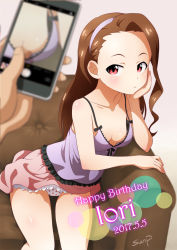 Rule 34 | 1girl, arm rest, artist name, bare shoulders, black bow, blush, bow, breasts, brown hair, camisole, cellphone, character name, cleavage, commentary request, couch, cowboy shot, dated, downblouse, english text, food print, frilled skirt, frills, hairband, hand on own cheek, hand on own face, happy birthday, head rest, holding, holding phone, idolmaster, idolmaster (classic), indoors, long hair, looking at viewer, minase iori, no bra, panties, pantyshot, parted lips, phone, pink eyes, pink skirt, print panties, purple camisole, purple hairband, signature, sitting, skirt, sleeveless, small breasts, smartphone, spaghetti strap, strawberry panties, strawberry print, sunsun69, taking picture, teeth, underwear, wall, white panties