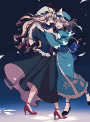 2girls, absurdres, adapted costume, alternate color, ankle strap, aqua choker, aqua dress, aqua headwear, aqua kimono, arm strap, bangs, black footwear, blonde hair, blue background, blue wings, blurry, blurry background, blurry foreground, bow, breasts, bug, butterfly, butterfly wings, choker, cleavage, commentary request, corset, dancing, depth of field, dou (doudouzi), dress, elbow gloves, error, eyebrows visible through hair, eyes closed, facing another, floating hair, floral print, frilled corset, frilled kimono, frilled straps, frills, full body, gloves, glowing butterfly, gradient, gradient background, hair between eyes, hair bow, happy, hat, hat ribbon, high heels, highres, insect, interlocked fingers, japanese clothes, kimono, long hair, long sleeves, looking at another, mob cap, motion blur, multiple girls, off shoulder, open mouth, outline, pink hair, polka dot, polka dot background, polka dot dress, polka dot headwear, polka dot kimono, puffy short sleeves, puffy sleeves, red bow, red choker, red eyes, red footwear, red ribbon, reflective eyes, ribbon, saigyouji yuyuko, short sleeves, sidelocks, smile, touhou, triangular headpiece, very long hair, white background, white gloves, white headwear, wide sleeves, wings, yakumo yukari