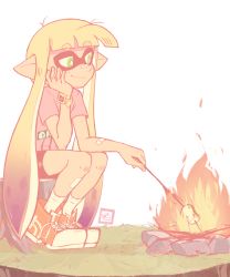Rule 34 | 1girl, bandaid, bandaid on face, bandaid on nose, campfire, fire, food, green eyes, highres, inkling player character, marshmallow, nintendo, pointy ears, rock, sally (luna-arts), shoes, smile, sneakers, solo, splatoon (series), tentacle hair, watch, wristwatch