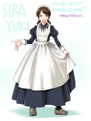 Rule 34 | 1girl, adapted costume, alternate costume, apron, black legwear, blue dress, brown eyes, brown hair, character name, clothes lift, commentary request, dress, dress lift, enmaided, full body, grey footwear, kantai collection, lifting own clothes, loafers, looking at viewer, low twintails, maid, maid headdress, one-hour drawing challenge, open mouth, parted bangs, shirayuki (kancolle), shoes, short hair, short twintails, smile, solo, standing, tatsumi ray, twintails, twitter username, white apron
