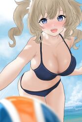 Rule 34 | 1girl, :d, ball, barbara (genshin impact), bare arms, bare shoulders, beachball, bikini, blonde hair, blue bikini, blue eyes, blue sky, blush, breasts, cleavage, cloud, commentary, cowboy shot, day, genshin impact, hyunta, large breasts, long hair, looking at viewer, navel, nose blush, ocean, open mouth, outdoors, sky, smile, solo, standing, stomach, swimsuit, thighs, twintails