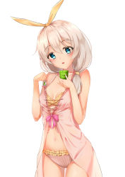 Rule 34 | 1girl, :o, babydoll, bare shoulders, blue eyes, bra, breasts, cleavage, collarbone, commentary request, cowboy shot, cup, frilled panties, frills, grey hair, hair between eyes, hair ribbon, hair tie, head tilt, highres, holding, holding cup, honkai (series), honkai impact 3rd, long hair, looking at viewer, mismatched underwear, navel, open mouth, panties, pink panties, pink ribbon, ribbon, skysuy (2267420264), small breasts, solo, stomach, striped clothes, striped panties, teabag, theresa apocalypse, underwear, underwear only, vertical-striped clothes, vertical-striped panties, white background, yellow bra, yellow ribbon