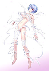 Rule 34 | 1girl, ayanami rei, bandage over one eye, bandages, barefoot, blue hair, breasts, convenient censoring, full body, highres, joy ride, large breasts, looking at viewer, mummy, naked bandage, navel, neon genesis evangelion, red eyes, short hair, simple background, solo, uncensored