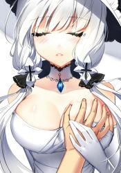 Rule 34 | 1girl, azur lane, bare shoulders, blush, grabbing another&#039;s breast, breasts, cherry (kjvp4842), closed eyes, collarbone, elbow gloves, facing viewer, gloves, grabbing, guided breast grab, guiding hand, hair ornament, illustrious (azur lane), large breasts, low twintails, parted lips, pov, pov hands, solo focus, twintails, upper body, white gloves