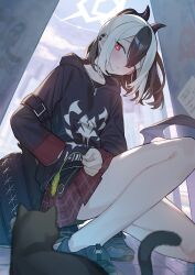 Rule 34 | 1girl, alley, backpack, bag, bare legs, black cat, black choker, black hair, black hoodie, black horns, blue archive, cat, choker, city, demon horns, ear piercing, earclip, halo, highres, holding, hood, hoodie, horns, kayoko (blue archive), legs, low wings, multicolored hair, nao (syn eaa), outdoors, piercing, red eyes, red skirt, single wing, skirt, solo, squatting, two-tone hair, white hair, white halo, wings