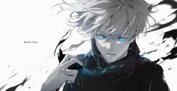 1boy absurdres artist_name black_blindfold blindfold blindfold_lift blue_eyes english_text gojou_satoru high_collar highres holding jujutsu_kaisen jujutsu_tech_uniform looking_at_viewer male_focus open_mouth shirt short_hair simple_background solo white_background white_hair zhong-x_wu