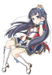 Rule 34 | 1girl, belt, belt buckle, black belt, black hair, blue eyes, blunt bangs, boots, breasts, buckle, character name, collared shirt, crown, frilled skirt, frills, full body, hair ribbon, hand on own ear, hand on own thigh, idolmaster, idolmaster million live!, idolmaster million live! theater days, kuresuku (lessons), long hair, mini crown, mogami shizuka, official alternate costume, ribbon, shiny trinity (idolmaster), shirt, short sleeves, sidelocks, simple background, skirt, small breasts, solo, straight hair, very long hair, white background, white footwear, wind, wind lift, wrist cuffs