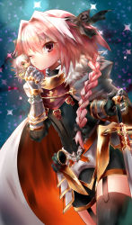 Rule 34 | 1boy, armor, astolfo (fate), braid, commentary request, fate/apocrypha, fate/grand order, fate (series), garter straps, hair intakes, highres, kneehighs, male focus, pauldrons, shoulder armor, siegfried (fate), single braid, socks, sparkle, sushineta, sword, translation request, weapon