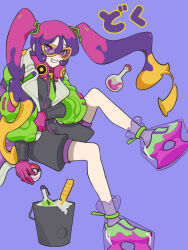 Rule 34 | 1girl, bucket, coat, commentary request, creatures (company), game freak, gloves, gogatsu (satsuki1016b), goggles, grin, hatsune miku, headphones, headphones around neck, highres, holding, holding poke ball, long sleeves, looking at viewer, nintendo, open clothes, open coat, overall shorts, overalls, pink gloves, pink hair, pink pupils, platform footwear, poison miku (project voltage), poke ball, poke ball (basic), poke ball print, pokemon, project voltage, purple background, smile, solo, teeth, twintails, vial, vocaloid