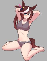 Rule 34 | 1girl, adjusting hair, alternate costume, animal ears, armpits, arms up, barefoot, blue eyes, blush, bow, bra, breasts, brown hair, closed mouth, commentary request, ear ornament, grey background, grey bra, grey panties, hair between eyes, highres, horse ears, horse girl, horse tail, long hair, looking at viewer, medium breasts, multicolored hair, navel, on ground, panties, pink bow, ponytail, simple background, sitting, solo, sports bra, streaked hair, tail, to pete, tokai teio (umamusume), umamusume, underwear, underwear only, wariza, white hair