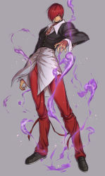 Rule 34 | 1boy, black choker, black footwear, choker, fire, full body, grey background, hair over one eye, itouei, long sleeves, looking at viewer, male focus, pants, purple fire, pyrokinesis, red eyes, red hair, red pants, shoes, simple background, snk, solo, standing, the king of fighters, yagami iori