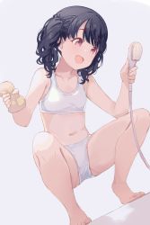 Rule 34 | 1girl, armpits, bare arms, bare legs, bare shoulders, barefoot, bathroom, black hair, bra, collarbone, commentary request, dutch angle, feet, female focus, fingernails, flat chest, fukumaru koito, happy, head tilt, highres, hiroki (yyqw7151), holding, idolmaster, idolmaster shiny colors, indoors, legs, legs apart, long hair, looking to the side, midriff, namco, navel, open mouth, panties, purple eyes, short twintails, shower head, simple background, smile, solo, sponge, spread legs, squatting, stomach, thighs, toenails, toes, training bra, twintails, underwear, underwear only, unworn clothes, wavy hair, white background, white bra, white panties