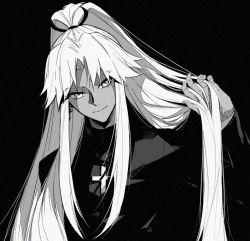 Rule 34 | 1boy, amakusa shirou (fate), amakusa shirou (third ascension) (fate), cassock, cross, cross necklace, dark-skinned male, dark skin, fate/apocrypha, fate (series), greyscale, hand in own hair, japanese clothes, jewelry, long hair, maka (mksrw), male focus, monochrome, necklace, ponytail, ruffling hair, solo